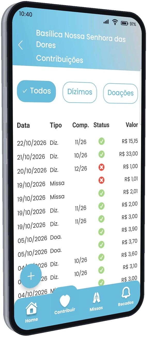 Celular em perspectiva mostrando a tela de contribuições do app Maistre Paroquial