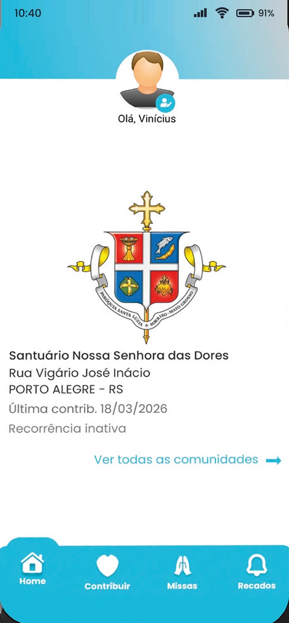 Tela inicial do app Maistre Paroquial com a paróquia do fiel selecionada